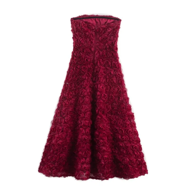 Women's Strapless Burgundy 3D Floral Midi Dress - Spring Fashion Party Dress, Perfect for Valentine's Day Dinner