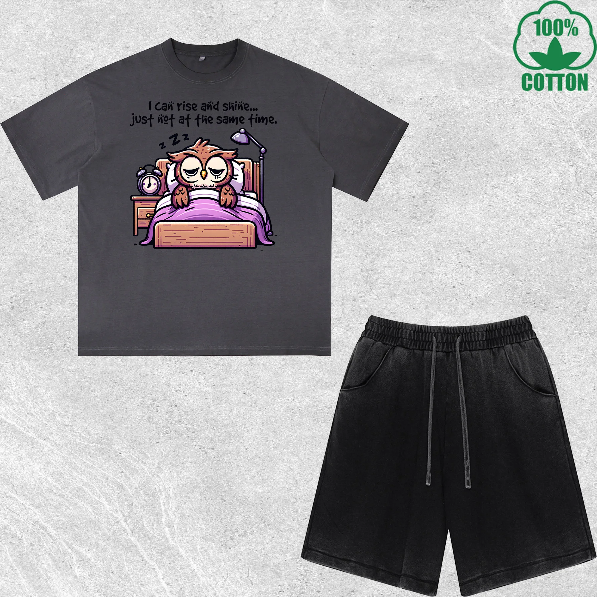 

Interesting Owl Printed Dirty Wash T-Shirt Shorts Set Combo Loose Trendy Fashionable 100%Cotton Black Suit