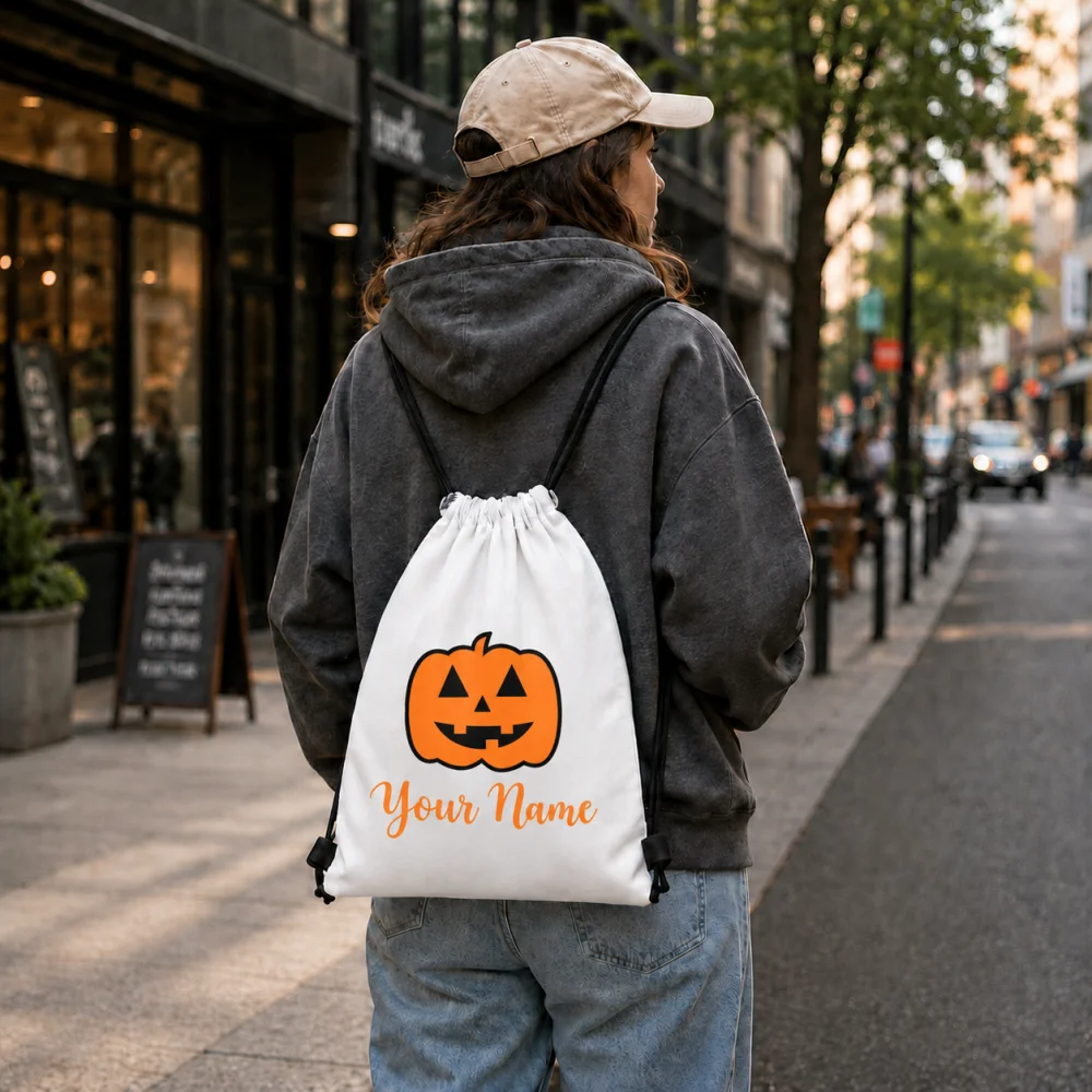 1pc Custom Name Halloween Pumpkin Drawstring Backpack, Personalized Jack O Lantern Print Lightweight String Storage Bag