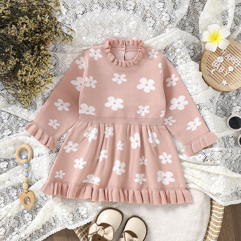 SUNSIOM Kids Girl Knit Dress Floral Print Ruffle Long Sleeve Sweater A-Line Dress for Toddler Baby Fall Winter Casual Clothes