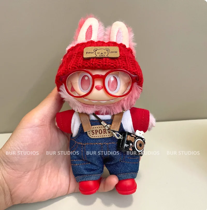

Only Clothes Mini Doll'S 17cm Vinyl Labubu Macaroon Plush Key Chain Doll With Sweater Pants Suit Set Clothing Gift