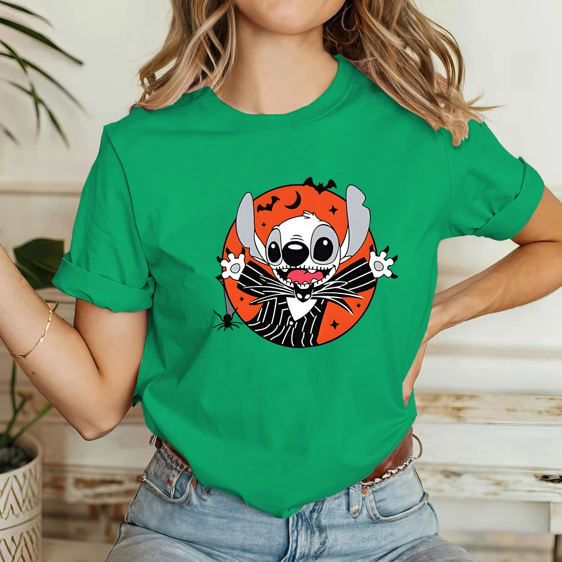 

Disney Cute Cartoon Stich Women's Short Sleeve T-Shirt Comfortable Casual Party Green Shirt