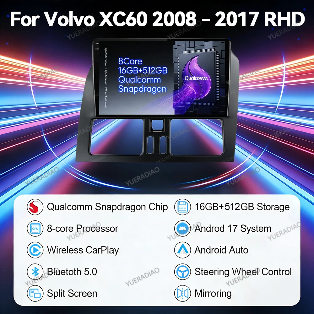 Android 17 Car Radio For Volvo XC60 Que 1 2008 - 2017 RHD Carplay & Android Auto 4G LTE 5G WIFI SWC Double Din Touch Screen BT