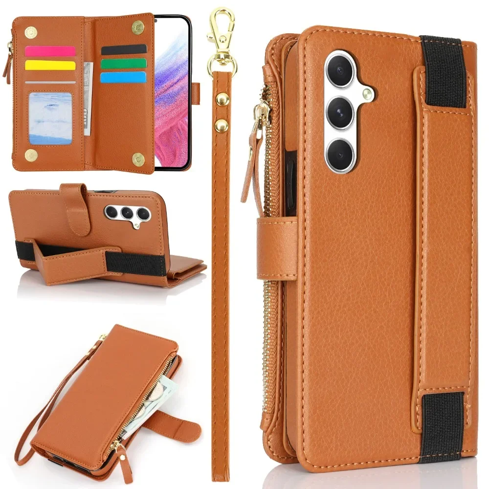 Zipper Wallet Card Holder Elastic Wrist Strap Phone Case For Samsung Galaxy A55 A15 A54 A53 A52S A52 A73 A72 A14 A13 5G A51 A71