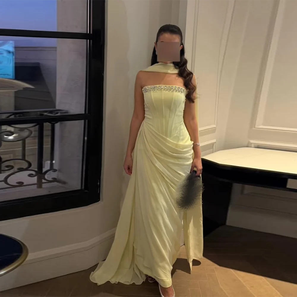 Customized Strapless Evening Dresses Pleat rhinestone Beading Draped Straight ProM Gown Modern Long Chiffon Backless Party Dress