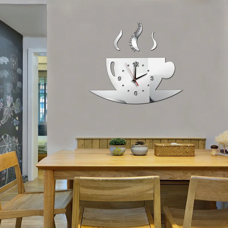 Creative DIY Acrylic Mirror Wall Clock with Coffee Mug Decal, Modern Minimalist Silent Quartz Wall Decor