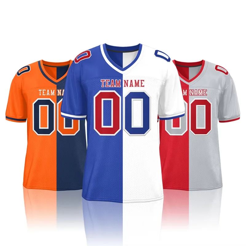 

Wholesale Retro American Football Jerseys Printed Quick Dry Gradient Striped Streetwear Short Sleeve Two-Tone Design for Adults