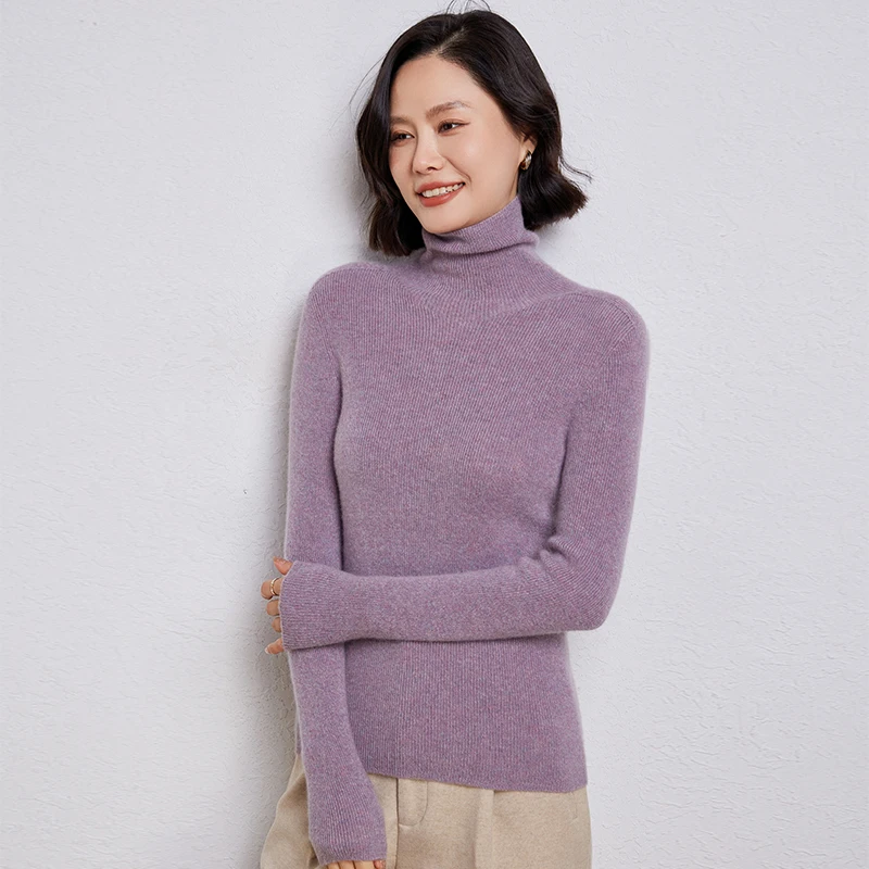 

Women's 100% wool pullover sweater for autumn long sleeved with drawstring and high collar loose and soft high-quality top