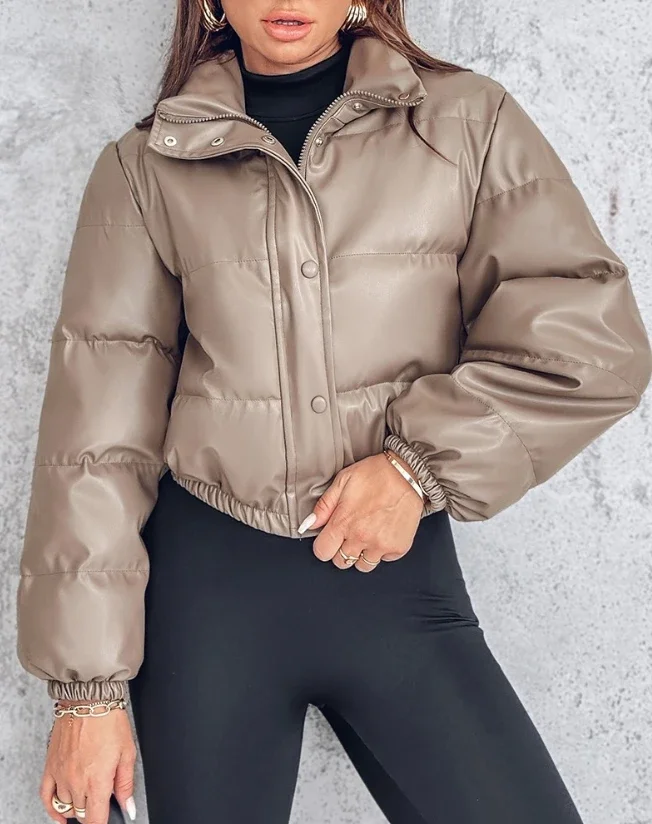 Winter Jacket Women\'s 2024 Casual Basic Fashion New In Coat Pu Leather Stand Up Collar Snap Zipper Windproof Warm Down Jacket