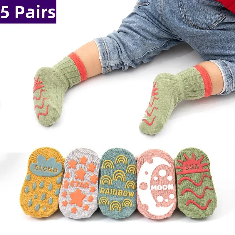 

5 Pairs/lot 0 to 5 Yrs Cotton Children's Anti-slip Boat Socks For Boys Girl Low Cut Floor Kid Sock With Rubber Grips Four Season