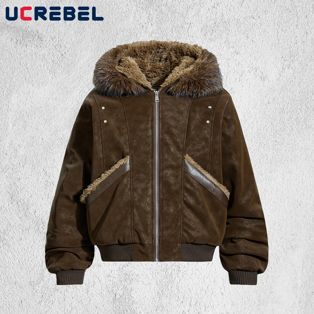 

Ретро стеганая куртка из искусственной кожи с капюшоном, мужская стеганая куртка со съемным меховым воротником, уличная зимняя толстая верхняя одежда с длинными рукавами в стиле ретро