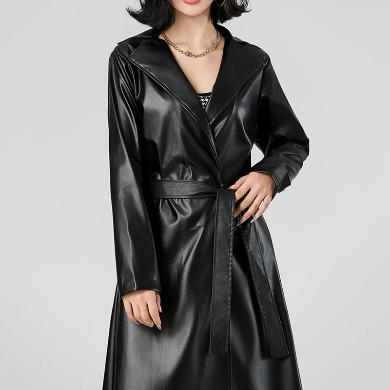 المرأة الشارع الشهير سترة واقية سوداء التعادل بولي سترات سترات من الجلد للنساء خريف شتاء يندبروف أنوراكس خندق معطف للنساء #2