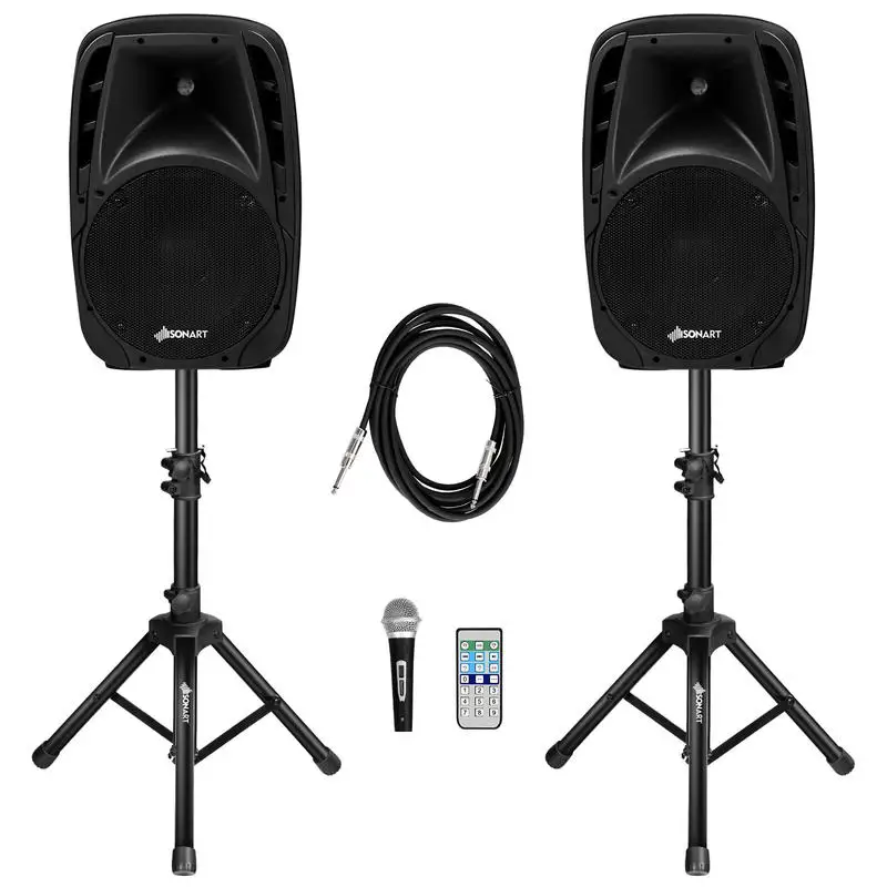 Dual 10 Inch Active PA Speaker System with Bluetooth, Wired Microphone, FM Radio, USB MP3 Player, LCD Display, Remote Control, Portable Handles for Home Party DJ Karaoke