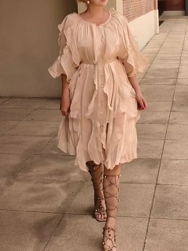 

Retro single-breasted lantern sleeve loose dress Spring and summer women's new elegant temperament belt waist ruffled skirt