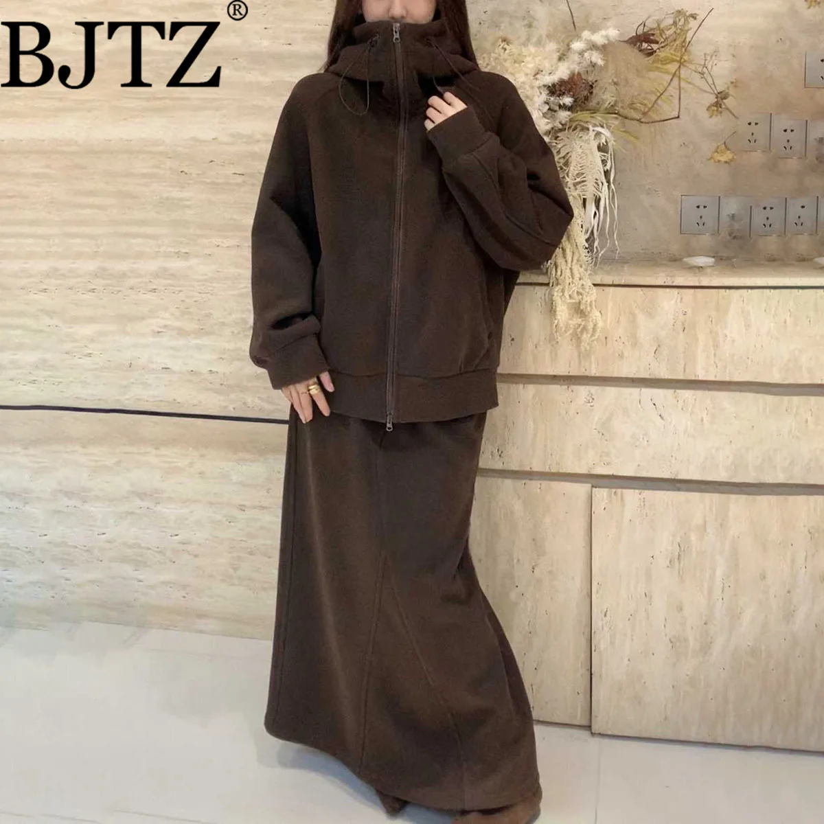 

BJTZ Fashion Hoodie Designer Zipper Jacket+Elastic Waist Loose Skirt 2 Piece Set For Woman 2025 Autumn Winter New Trend Outwear