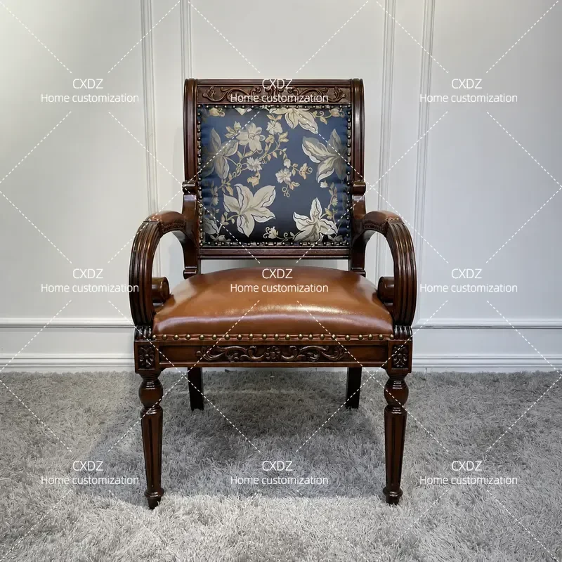 Solid Wood Carved Floral Leather Armchair High End Living Room Single Sofa Chair with Back Support Elegant Tiger Style Seat