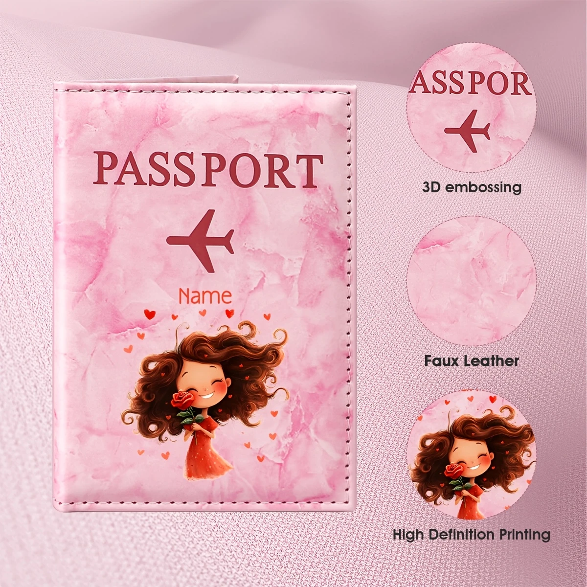Custom Name Romantic Heart Curly Hair Girl Illustration Design PU Passport Holder, Featuring a Red-Haired Woman with Closed Eyes