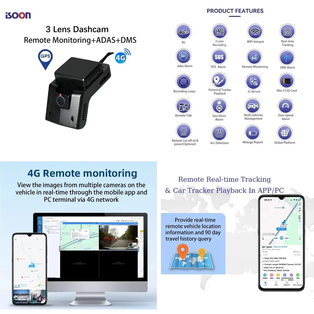 4g 3 Channel AI Dash Cam Dashcam Lte Cloud Car Dvr 4g Dash Cam 3 Dashcam with Tracker Live Tracking Video