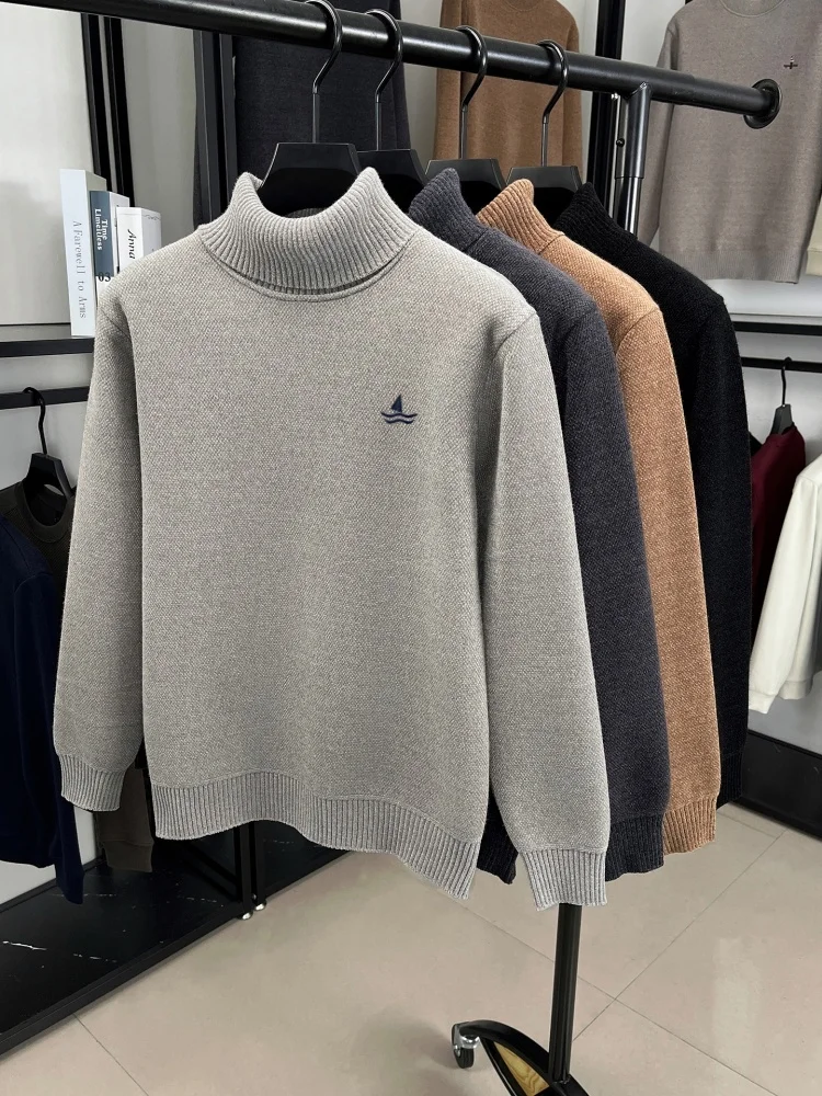 Advanced trend knitted high neck sweater men's luxury brand soft comfort plush warmth new sailboat embroidery casual pullover