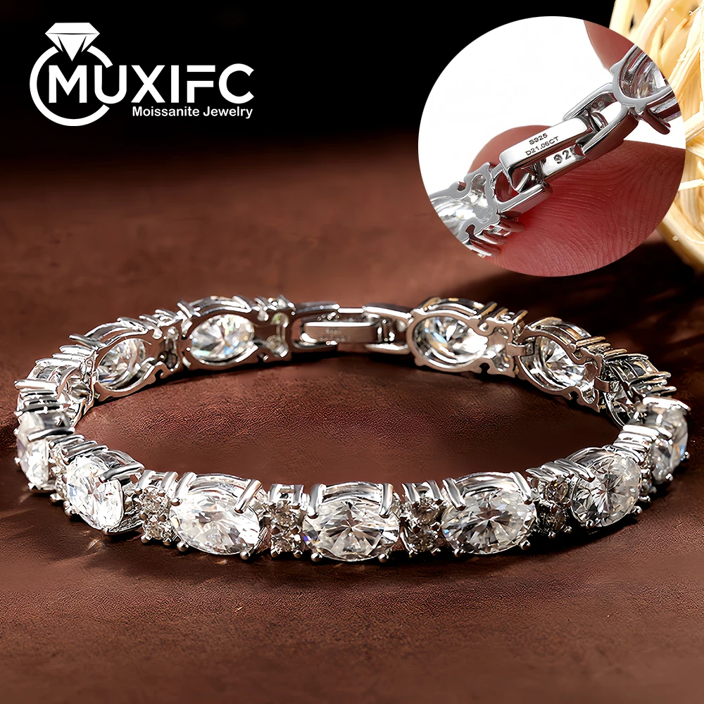 

Теннисный браслет для женщин с овальными муассанитами 6*8 мм, покрытый серебром S925, с белым золотым покрытием, круглой формы, с сертификатом GRA.