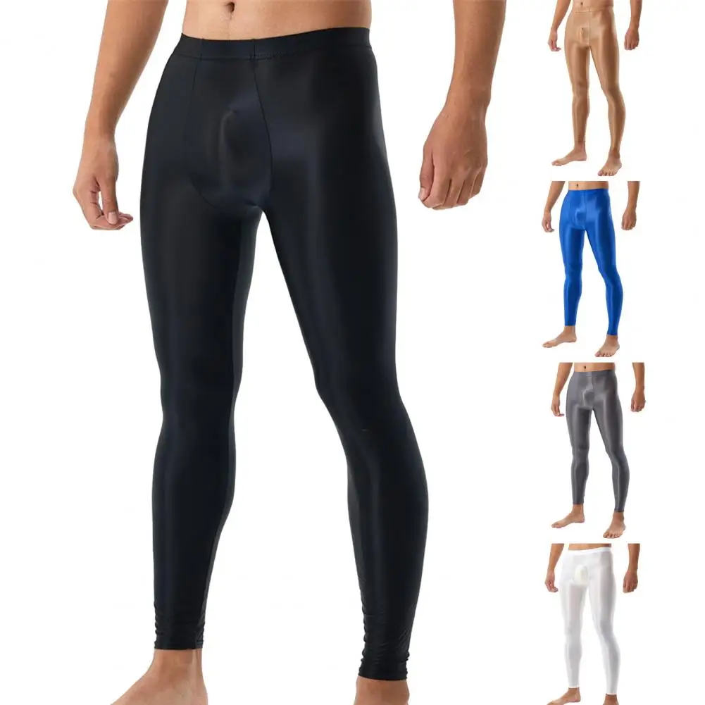 Leggings longos elásticos dos homens Johns, calças sedosas, liso, slim fit, U convexo, bolsa de protuberante, macio, respirável, cintura média