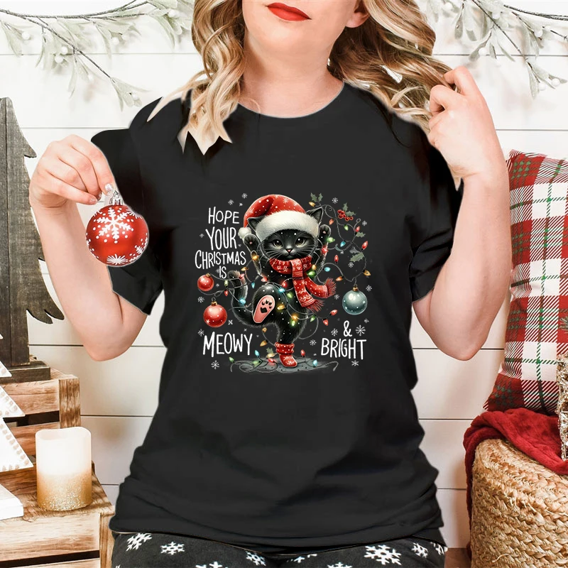 Funny Graphic T-shirt Hope Your Christmas Is Meowy Bright Women Shirt Print Cute Black Cat Short Sleeve Street Style Xmas Tees