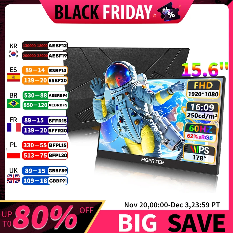 

15.6" FHD 62%sRGB 250Nits Ultra thin Back Stand Design Portable Monitor for Phone Gaming Laptop