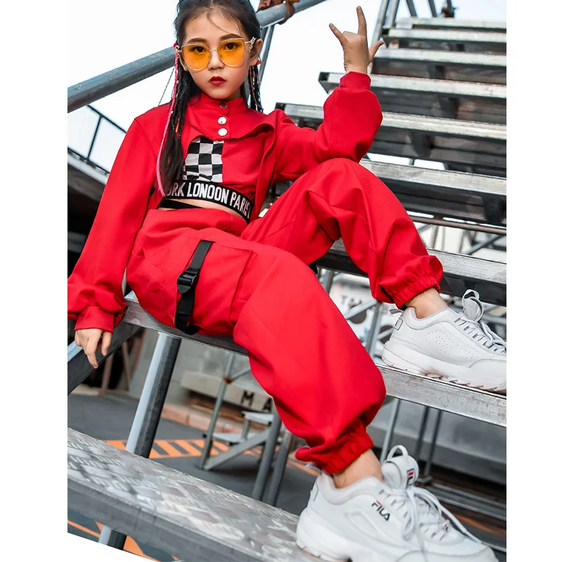 Street Dance Show Performance Clothing 110-180cm 3 Pieces/ Set Girls Jazz Dance Clothes Children Hip Hop Red Suit Modern