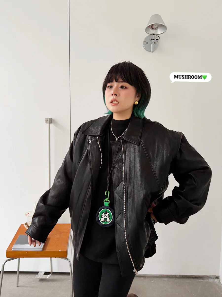 

Faionable Bla Cotton-Enhanced Leather Jaet Musoom Head Miss 2026 Spring New Sle Retro All-Match Casual Leisure Coat