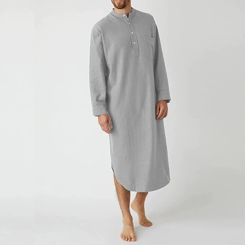 Männer Button-down Schlaf Roben Einfarbig Stehkragen Langarm Nachthemd Mode Komfortable Hause Tragen Lose Bademäntel m-3XL – Detail 13