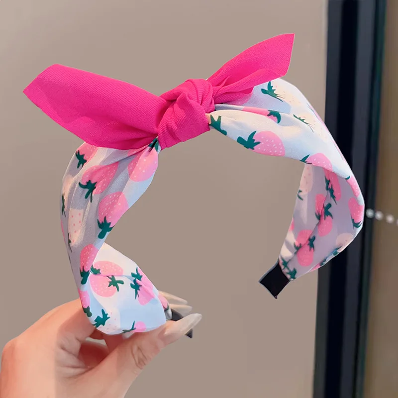 Wide Fruit Print Bowknot Hairband Strawberry Headband for Women Girls Korean Hair Hoop Fabric Headwear Daily Hair Accessories