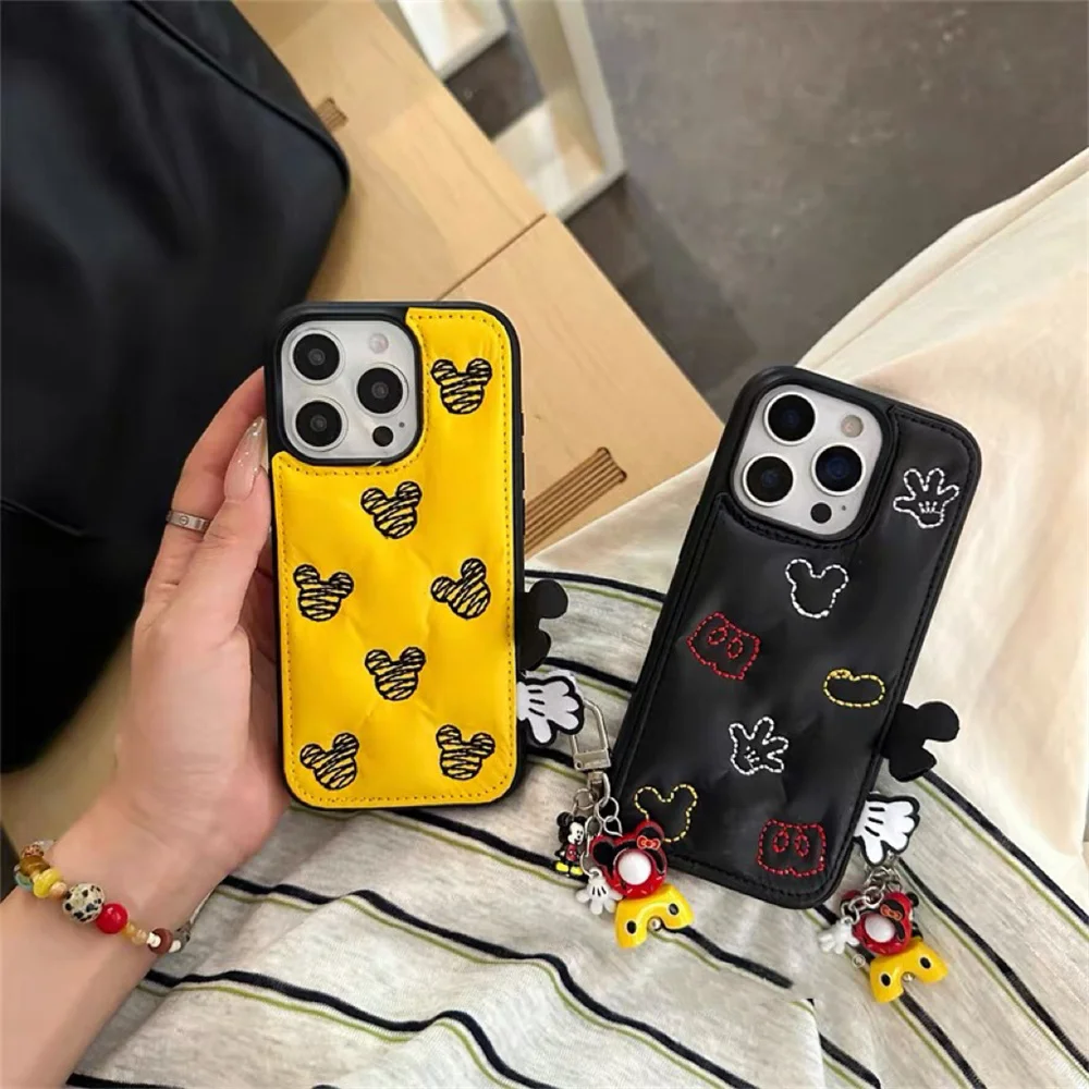 

Korean embroidered Mickey with back clip phone case for iPhone 13 14 15 16 Pro Max 15 Pro Funda with charm cute protective cover