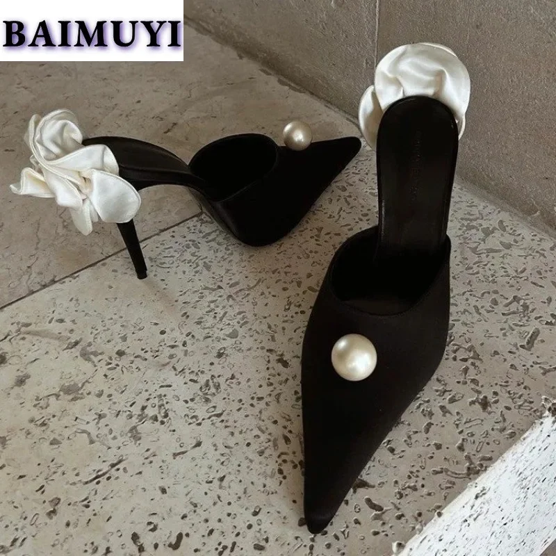 

Flower Women High Heels Slippers Pointed Toe Sandals Mules Shoes Elegant 2025 Summer Flip Flops Dress Party Slides Sexy Pumps