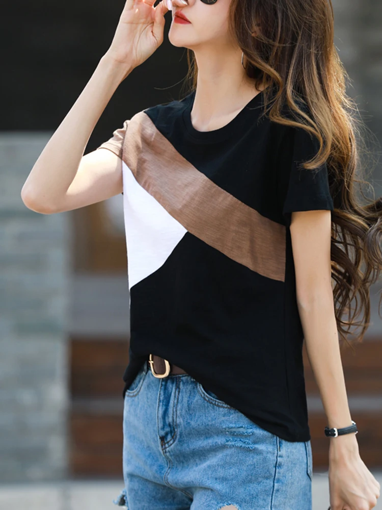 2024 Summer Tshirt Woman 100% Cotton Women Short Sleeve Shirts Tops O-Neck Shirt Tees Loose Patchwork Tops Casual High Quality