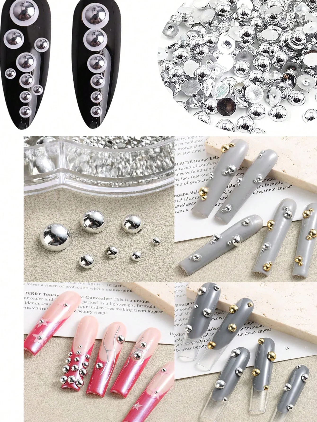 ลูกปัดตกแต่งเล็บทรงครึ่งวงกลม 12 ช่อง สีทอง+เงิน เมทัลลิก แบบแบนหลังเรียบ ขนาดผสม