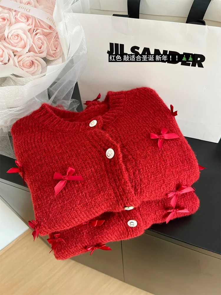 Autumn Winter Women Vintage Cute Core Christmas Cardigan Sweater Long Sleeve Korean Fashion Bow Knitwear 2000s Aesthetic Jumper