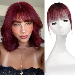 Wine Red Air Bangs Fringe with Temples Hairpieces 100% Real Human Hair Extension for Women Daily Wear Clip in Wispy Bangs 6inch