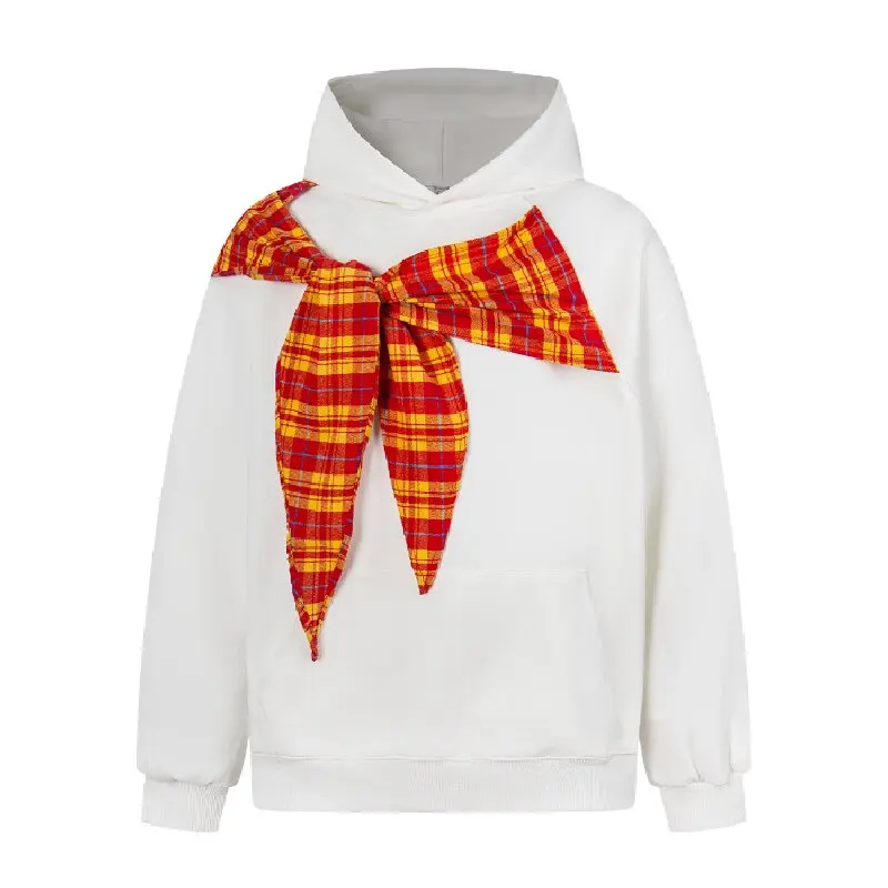 여성 패치 워크 그리드 레이스 업 보우 스웨트 아메리칸 스타일 하이 스트리트 다목적 가을 겨울 탑 트렌디 패션 후드