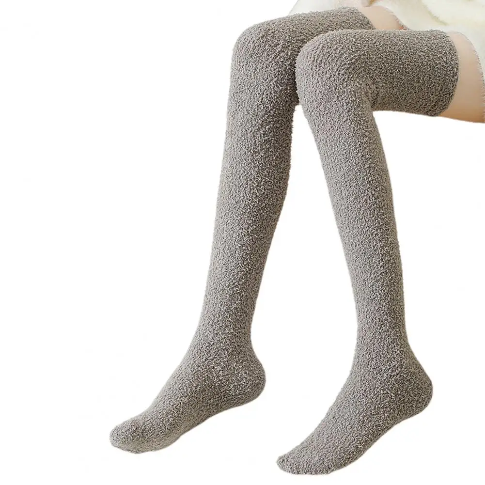 

Elastic Thigh-high Socks Cozy Coral Fleece Over Knee Socks for Women Anti-slip Plush Winter Stockings with Solid for Various