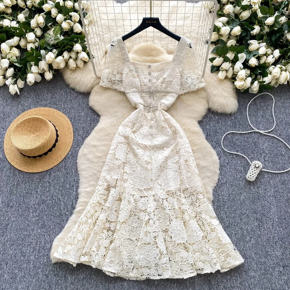 Seksowna sukienka z kwadratowym dekoltem i krótkim rękawem w kwiaty Chic Summer Beach fairycore Vestidos Vacation odzież damska