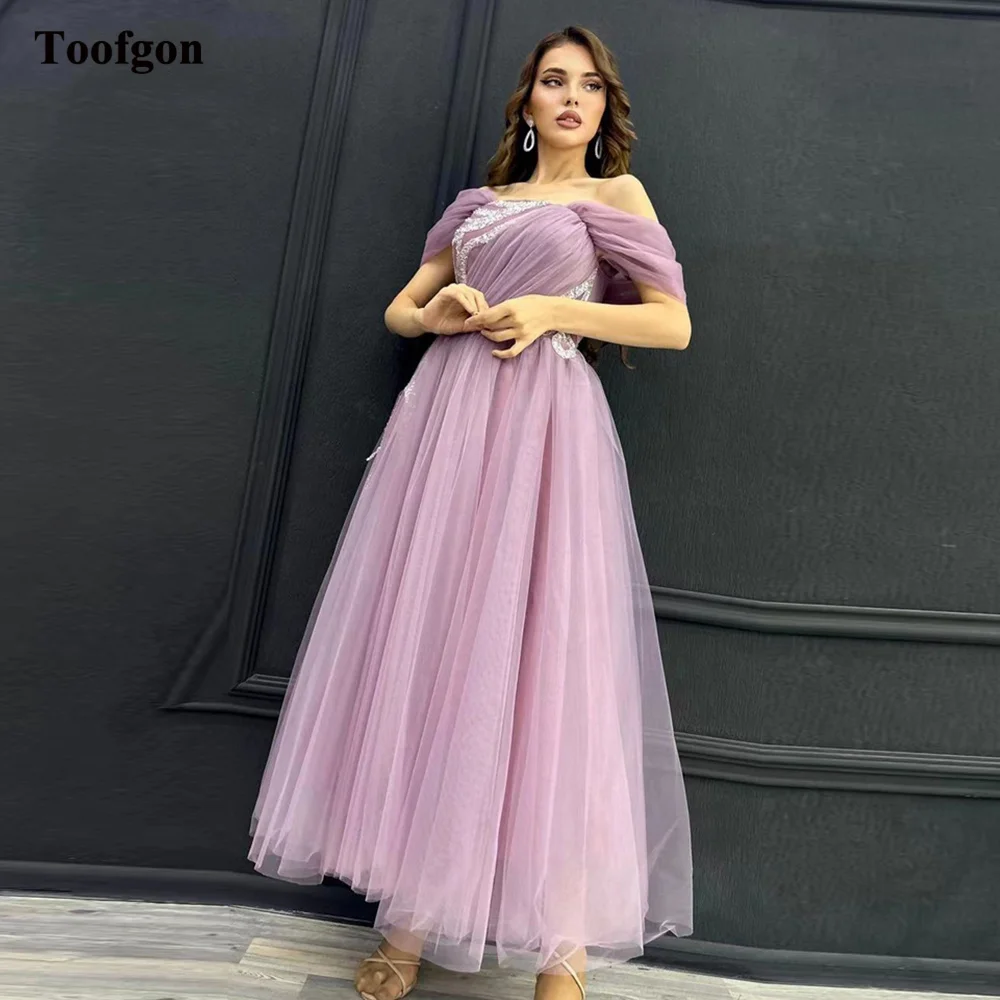 

Toofgon Dusty Pink Midi Prom Dresses Off The Shoulder Lace Ankle Length Women Formal Evening Dress Special Wedding Party Gowns