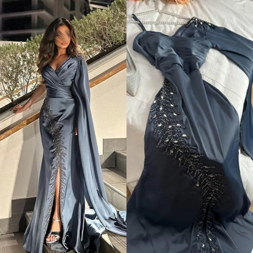 

Satin Beading Draped Pleat Graduation Mermaid V-Neck Bespoke Occasion Gown Long Dresses