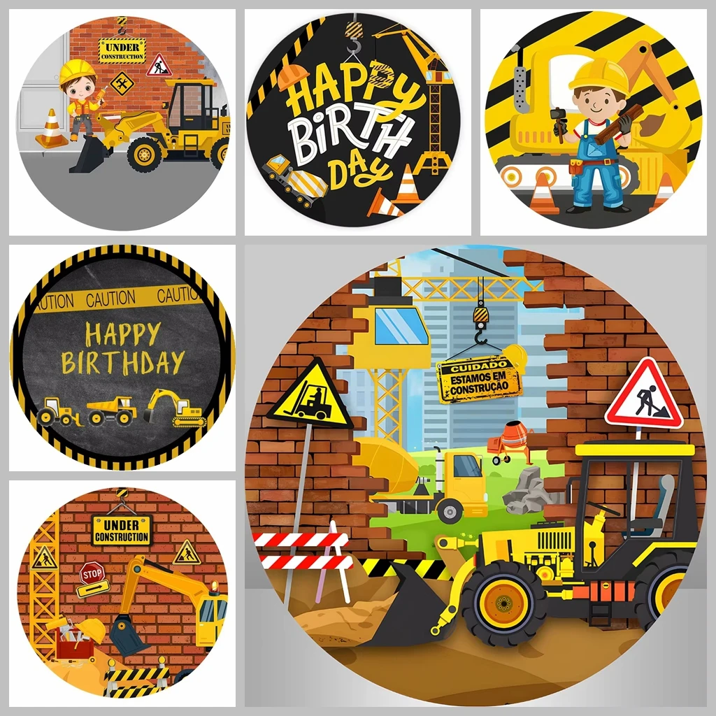 

Custom Happy Birthday Construction Round Backdrop Cover Excavator Truck Boy Baby Children Party Decoration Background Photo Prop
