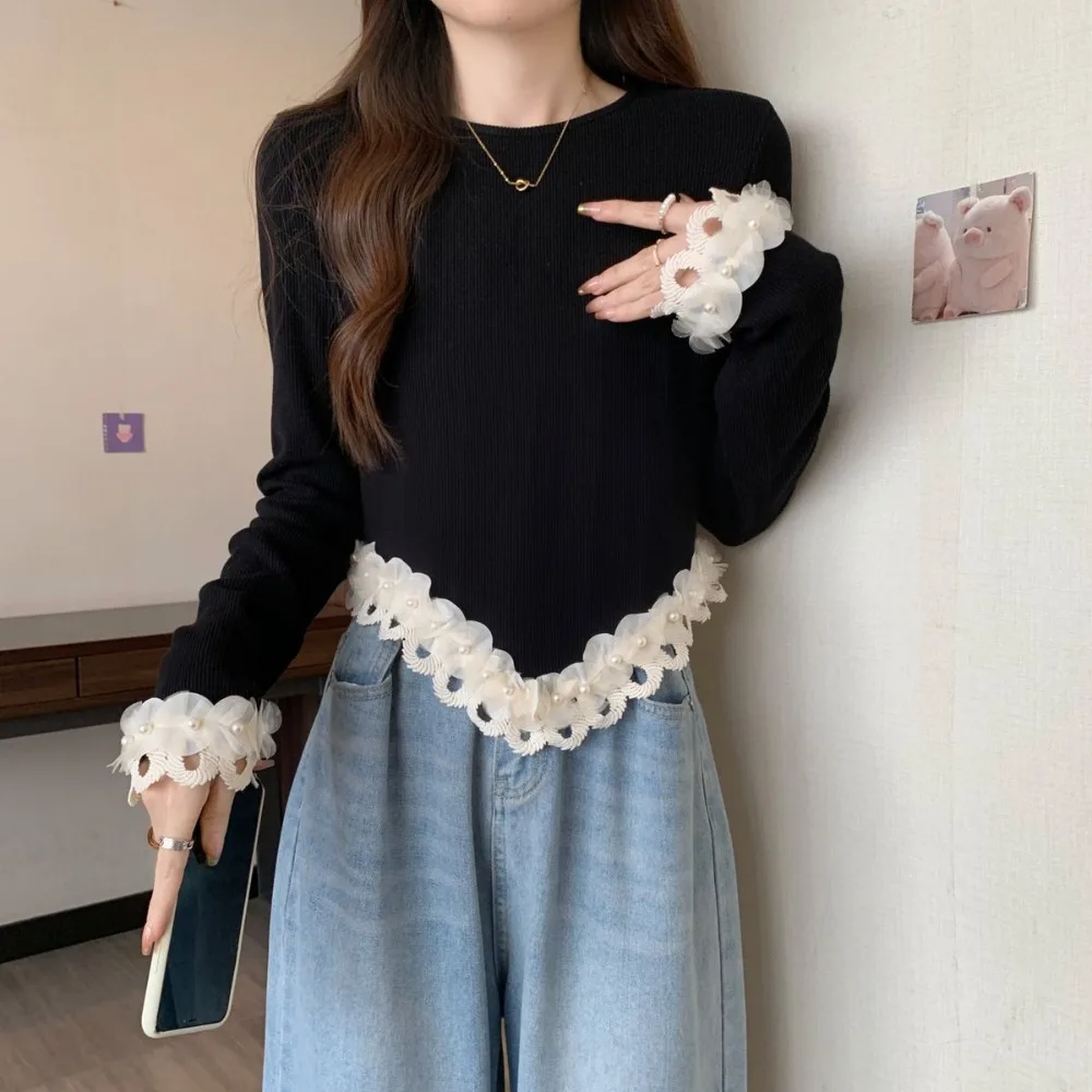 Großes Retro-Hemd mit schwarzer Basis für Damen, Spitze, einfarbiges Design, schmale Passform, schlankmachend, schlicht, elegant, Sinn für Mode