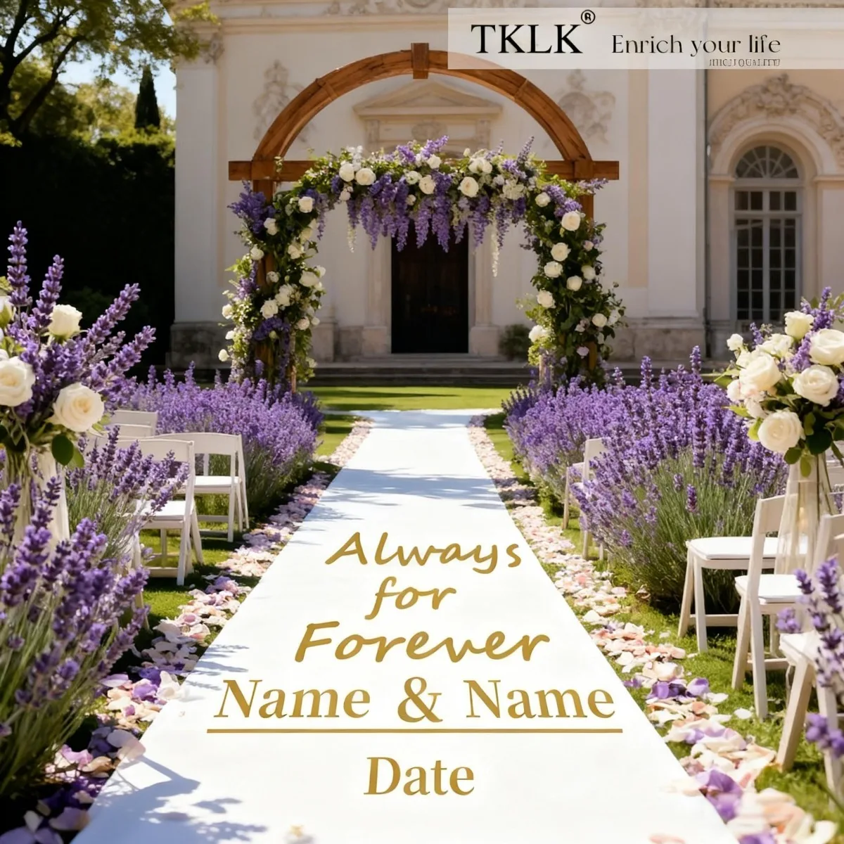 1pc Custom Wedding Aisle Runner Carpet Kitchen Mat - Elegant Wreath Pattern, Personalized Names & Date, White Non-Woven Fabric