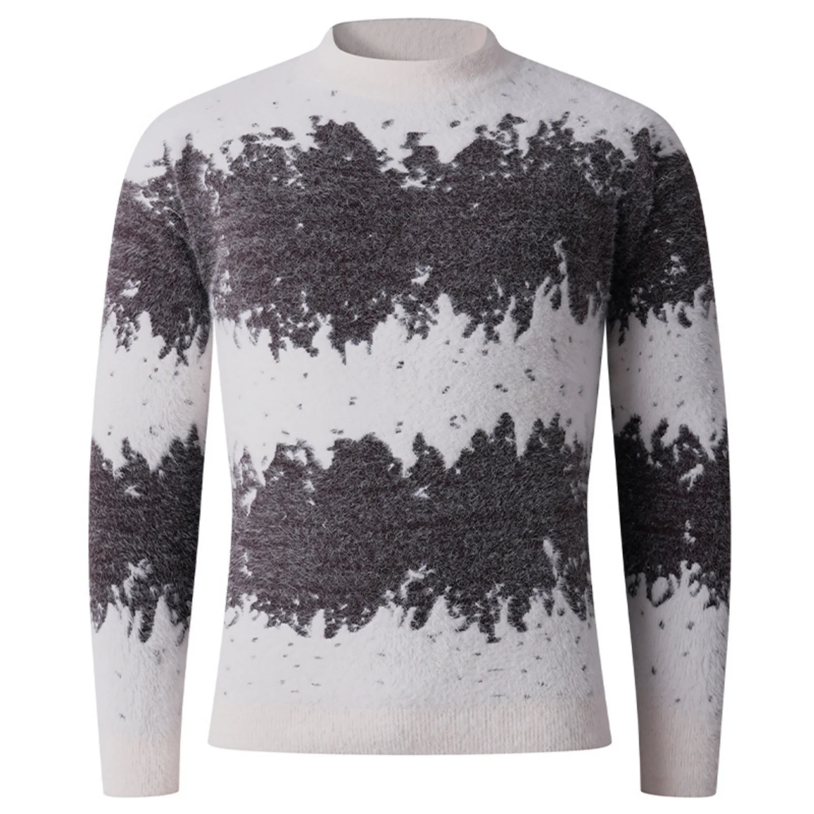 

Men'S And Women'S Casual Trendy Printed Color Blocked Thick Semi High Neck Sweater Knitted Base Round Neck Sweater