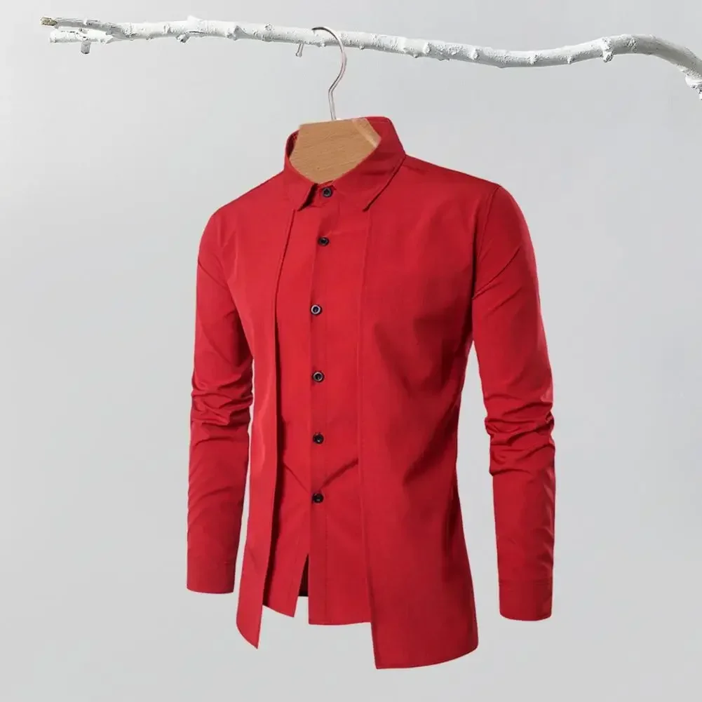 

Men Fall Spring Shirt Fake Two-piece Stand Collar Lapel Long Sleeve Slim Fit Single-breasted Cardigan Formal Business Mid Length