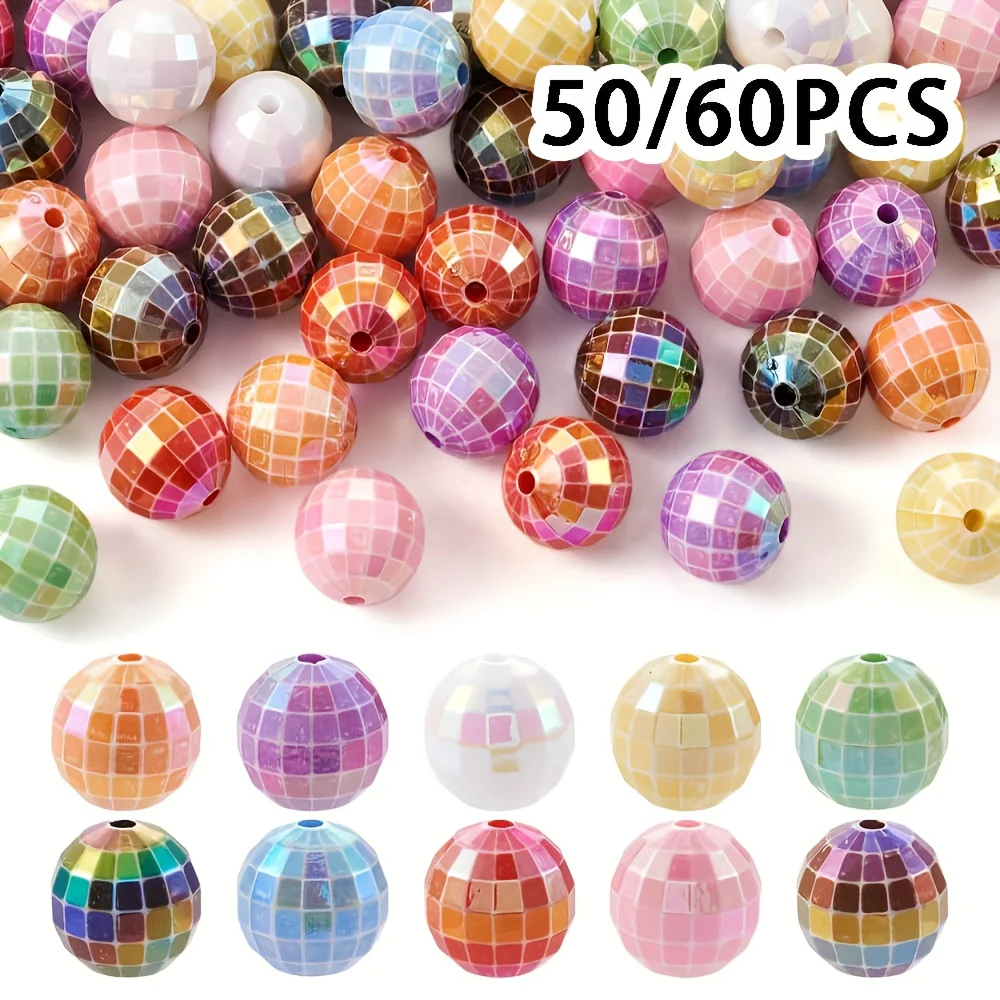 50/60pcs 16mm Disco Ball Beads, Rainbow Acrylic Beads, Cut Surface, Coarse Bubble Gum Beads, Rainbow Interval Beads, Suitable