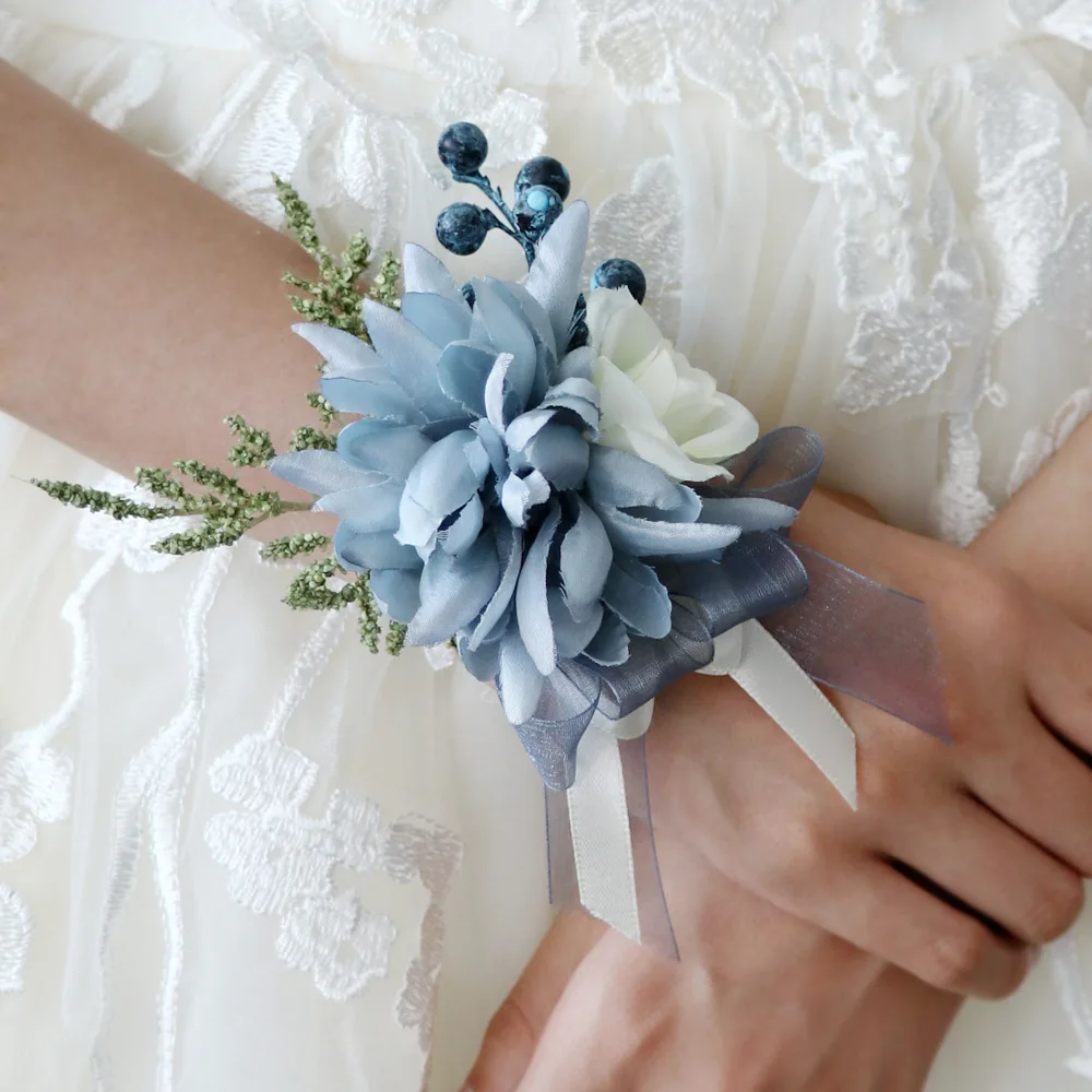 Boutonniere ช่อดอกไม้ข้อมือและเครื่องประดับสำหรับงานแต่งงานของเจ้าบ่าวเจ้าสาวและพี่น้องเพื่อนที่ดีที่สุดลูกบอลดอกไม้เทียมโรงงานจัดเลี้ยง