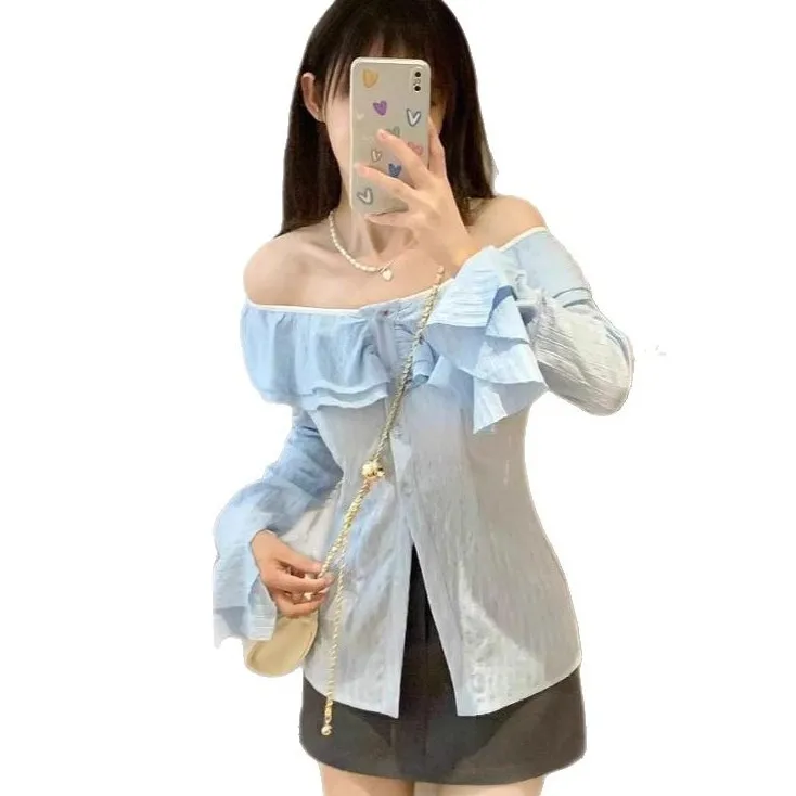 

Ruffled Collar Women's Shirt Autumn New French Style Unique Blouse Long Sleeve Pure Desire Off-Shoulder Top